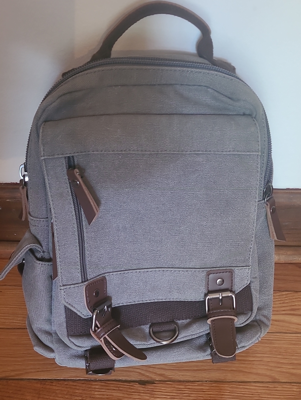 Gray Canvas Backpack with Brown Trim